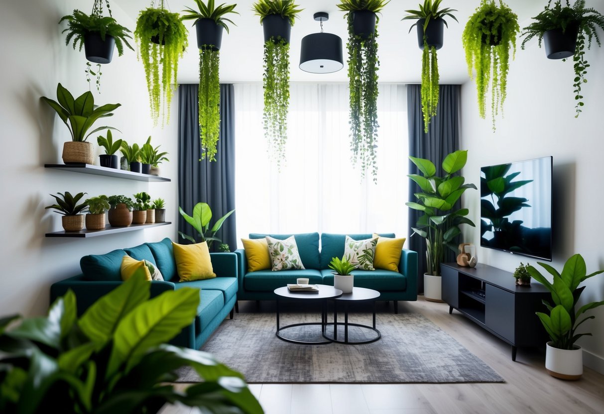 A modern living room with artificial plants arranged on shelves, tables, and hanging from the ceiling. The plants are vibrant and lifelike, adding a touch of nature to the space