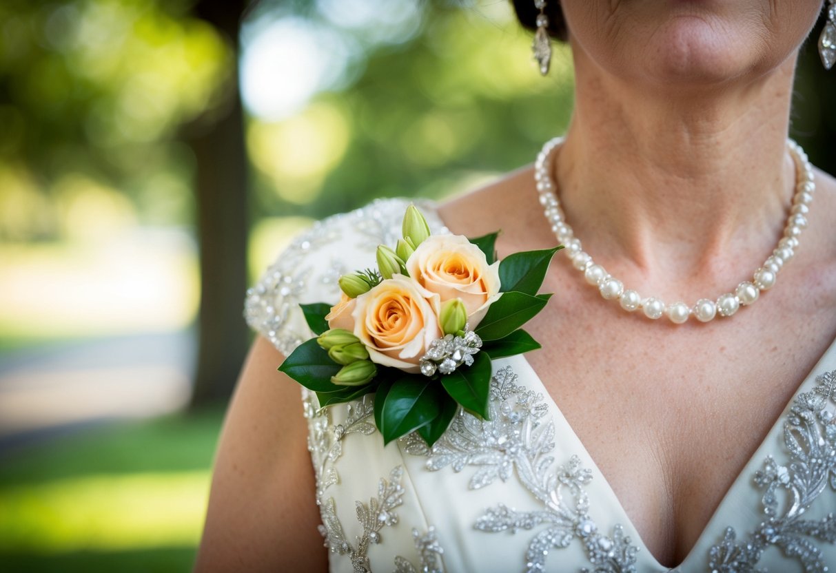 A elegant corsage of flowers pinned to the lapel of a mother of the bride's dress