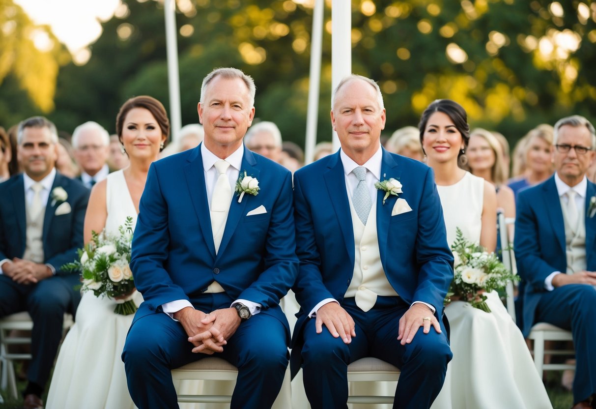 Divorced parents seated separately, with a neutral space between them, at a wedding ceremony