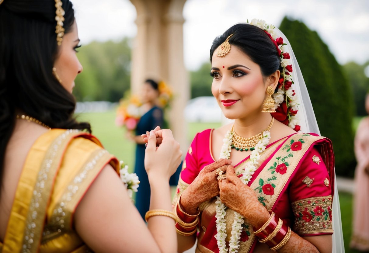 A woman in traditional attire with floral accessories, deciding whether to wear flowers as the mother of the bride