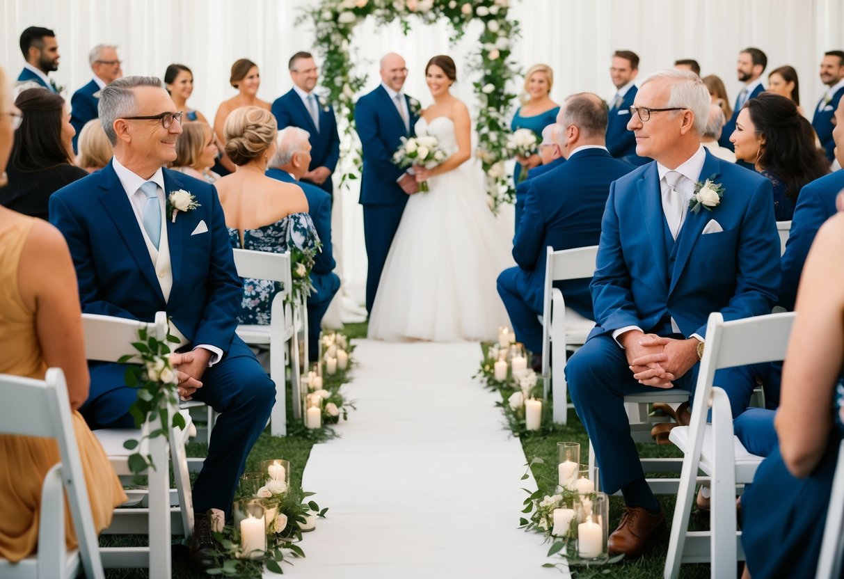 Divorced parents sit on opposite sides of the aisle at a wedding, with their respective families and friends in between