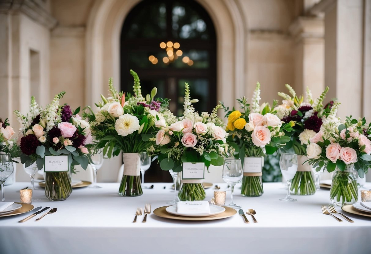 A table adorned with various floral arrangements in different styles and colors, showcasing options for the mother of the bride to wear