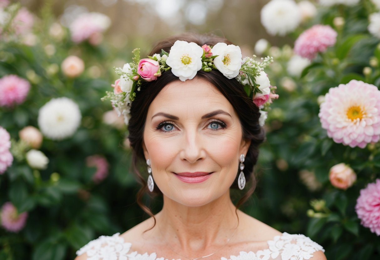 A mother of the bride wearing a floral crown, surrounded by blooming flowers and greenery