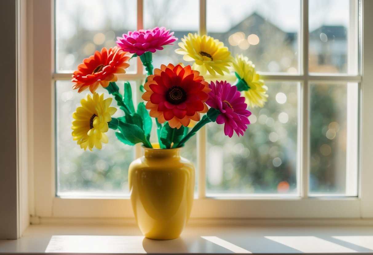 A vase of vibrant fake flowers sits on a sunlit windowsill