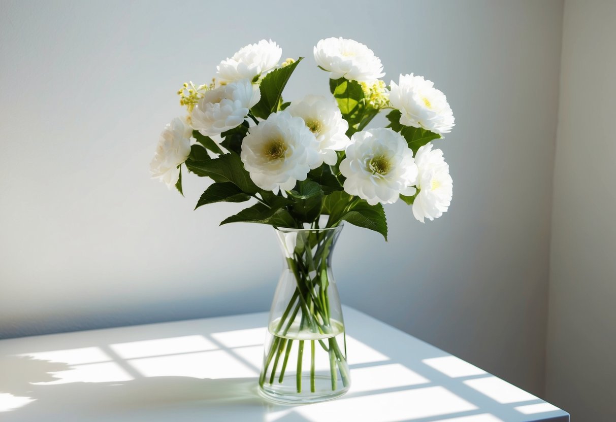 A vase of artificial blooms bathed in soft natural light on a clean, uncluttered surface