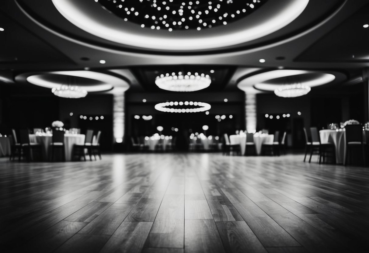 The empty dance floor, dimmed lights, and scattered tables suggest the wedding is winding down at 11pm