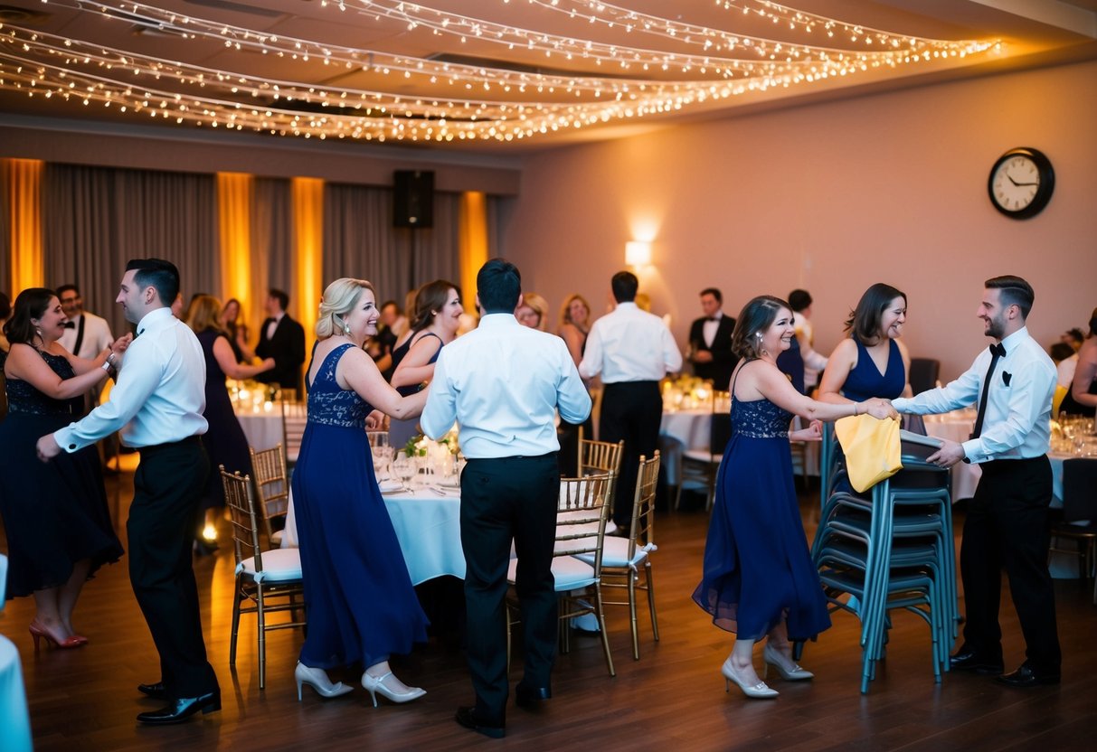 Guests dancing under twinkling lights as the band plays. Waitstaff clearing tables and stacking chairs. A clock on the wall shows 11pm