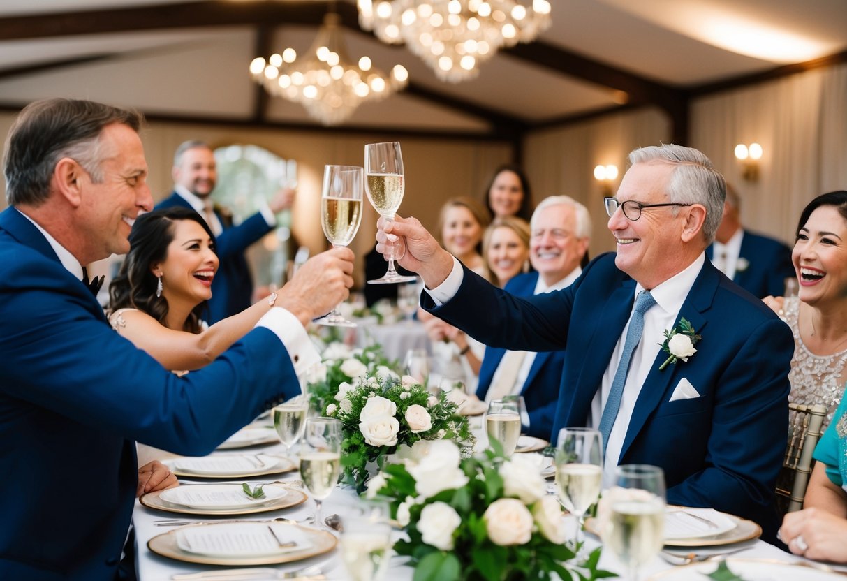 A father raises a glass in a toast, surrounded by joyful guests and a beautifully decorated venue