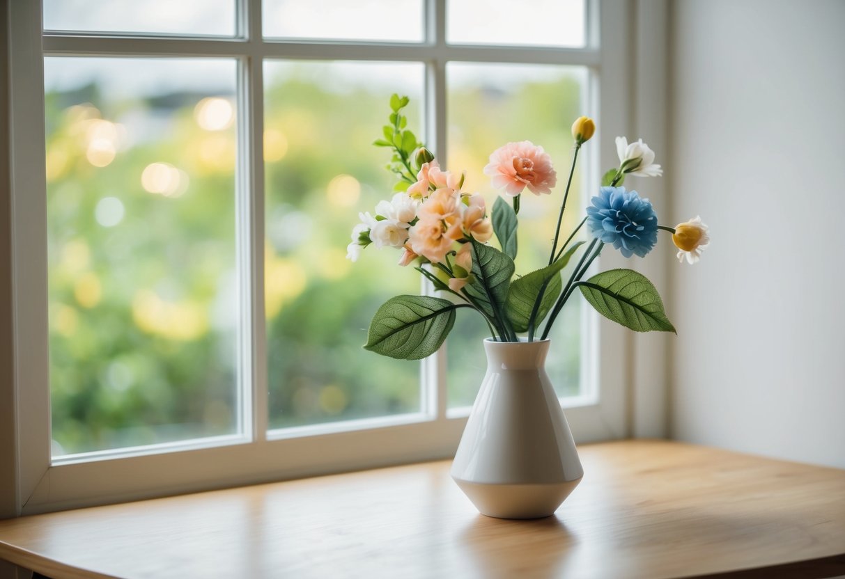 A table with a vase of fake flowers next to a window with natural light