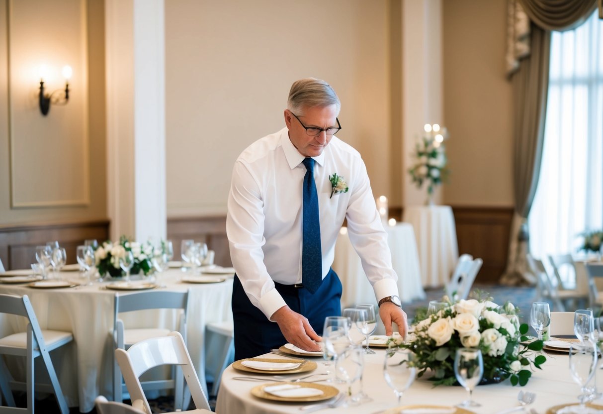 The father oversees the setup of the reception hall, arranging tables and decorations. He ensures everything is in place for the celebration