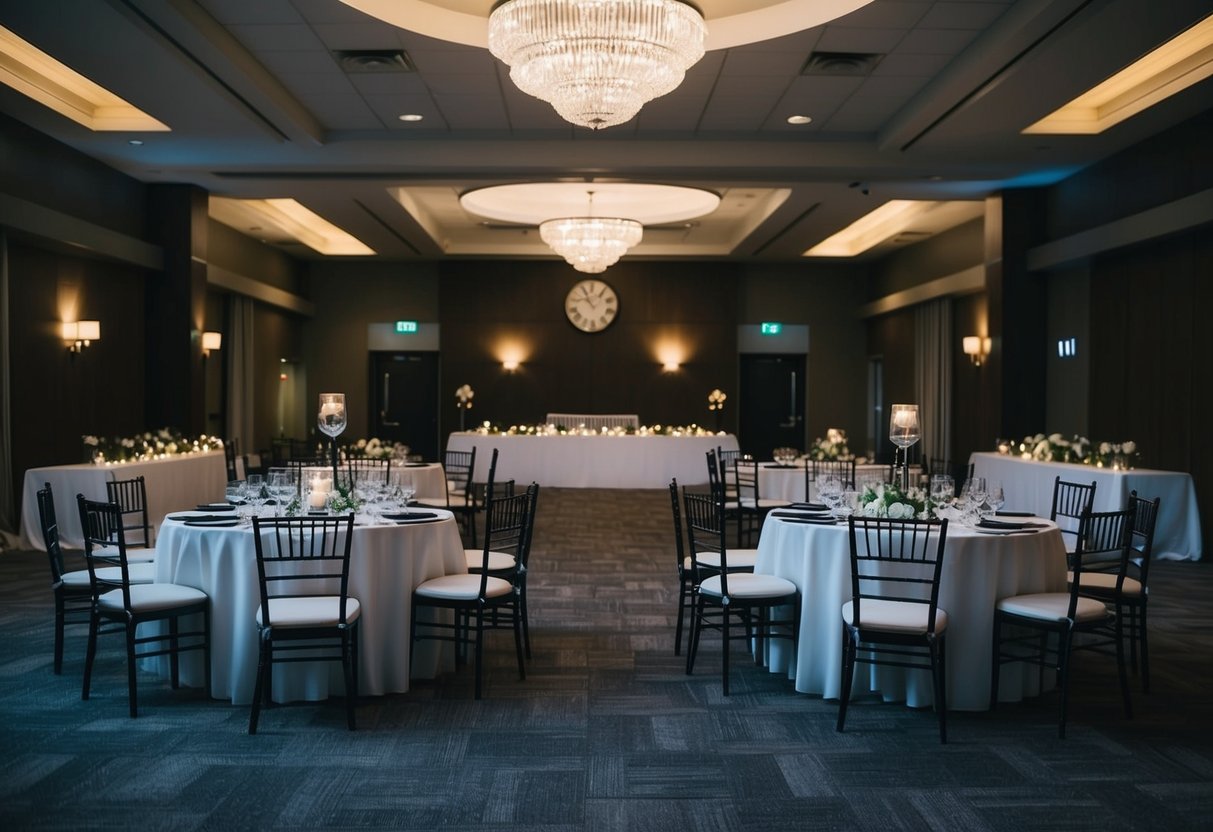 A dimly lit reception hall with empty chairs and tables, a few scattered decorations, and a clock on the wall showing 11pm