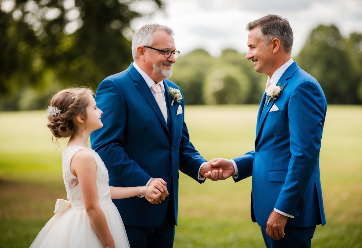 A father stands proudly beside his daughter, offering her hand to the groom in a gesture of love and support