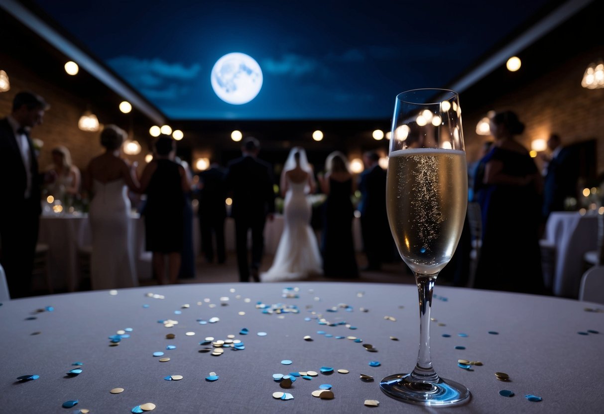 The moonlit wedding venue, emptying of guests. Lights dimmed, scattered confetti, and a lone champagne flute on a table