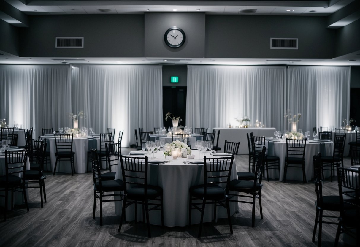 A dimly lit wedding reception venue with empty chairs and tables, a few scattered decorations, and a clock on the wall showing 11pm