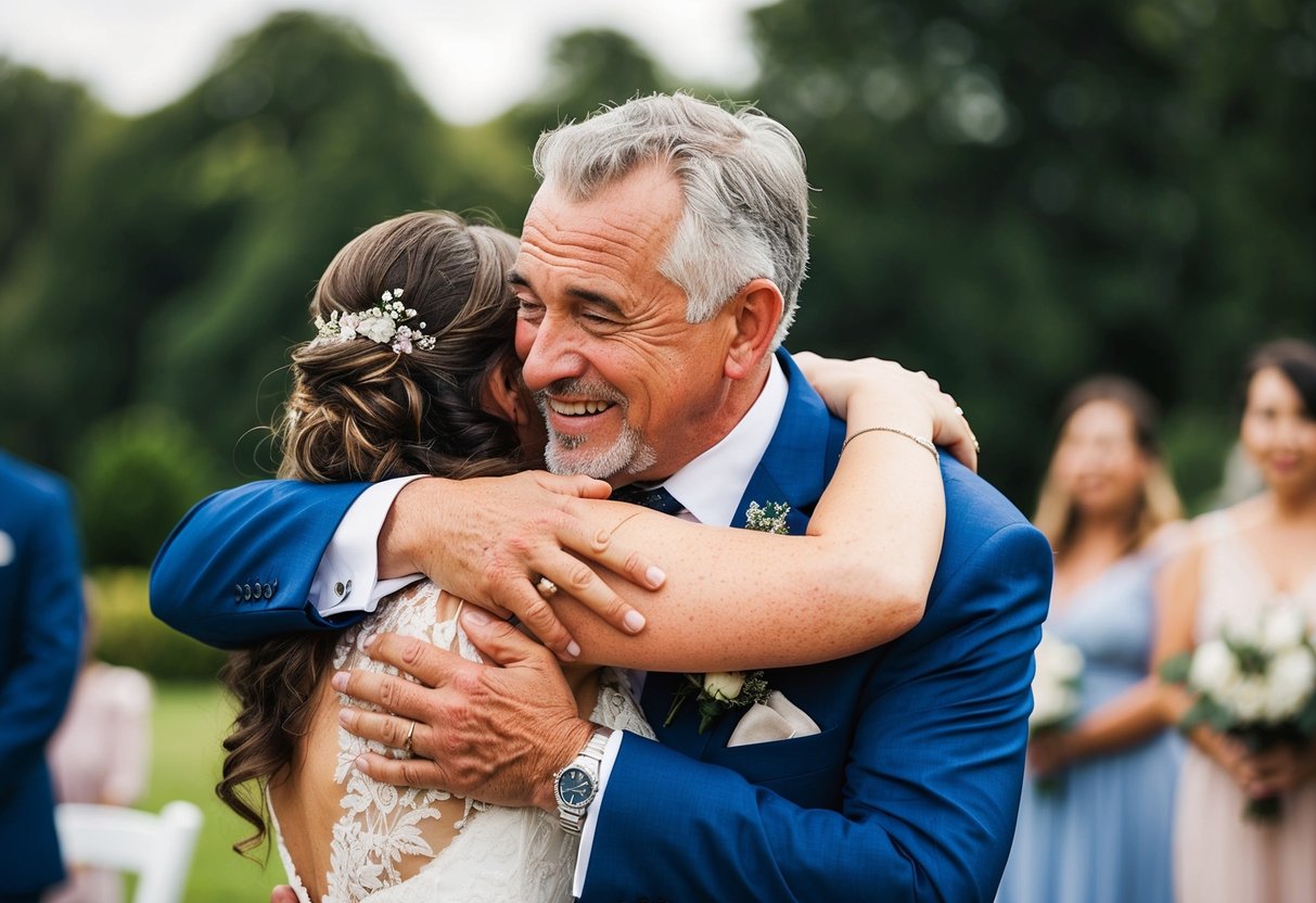 The father embraces his daughter in a warm hug, with tears of joy in his eyes, as they share a special moment at her wedding
