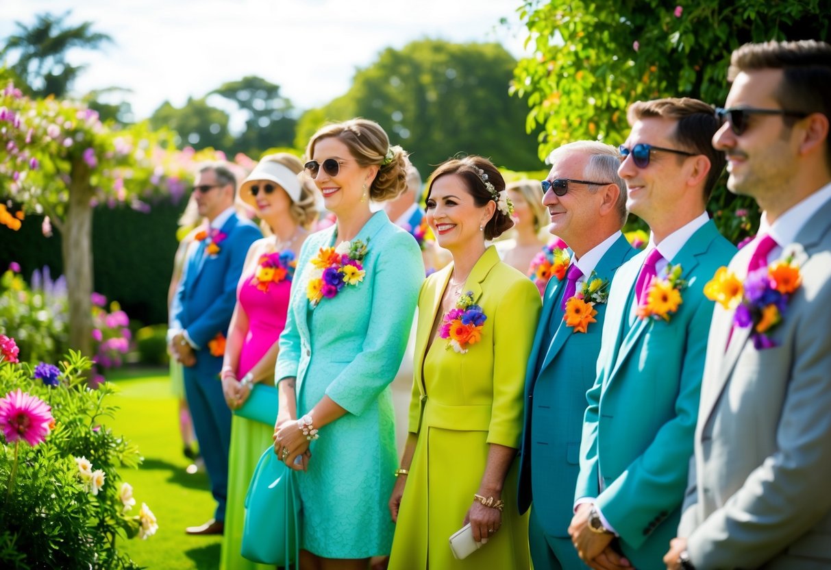 Guests wear colorful flowers pinned to their clothing at a vibrant outdoor wedding. The sun shines down on a lush garden filled with blooming flowers and greenery