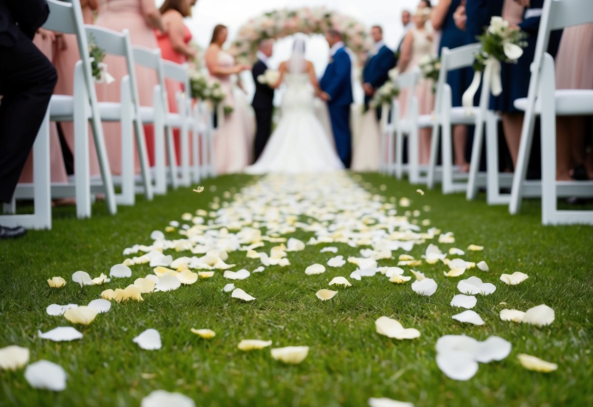 A trail of confetti and flower petals leading from the wedding venue