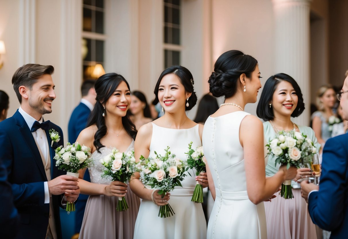 Guests in elegant attire holding small bouquets of flowers, mingling at a wedding reception
