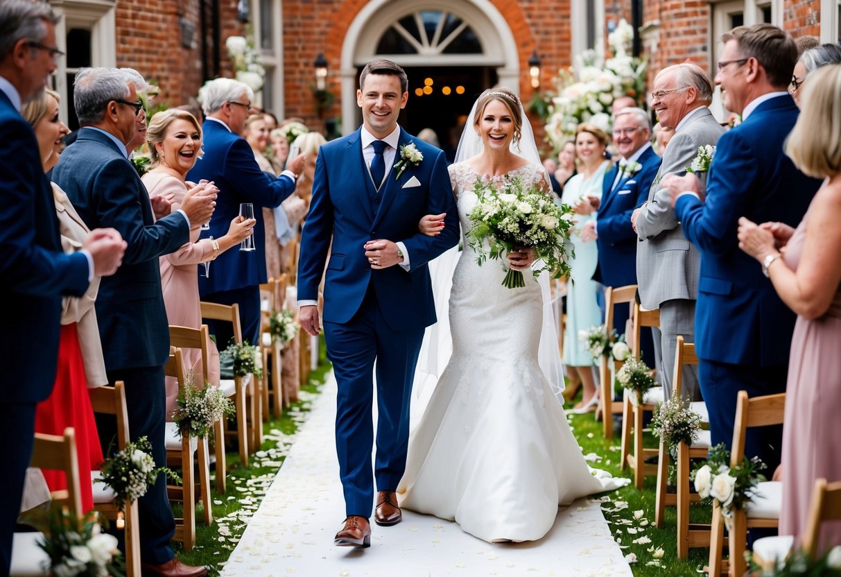 The newlyweds walk down the aisle, surrounded by cheering guests and scattered flower petals
