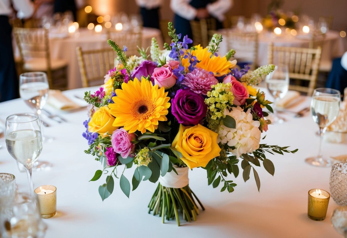 A colorful bouquet of flowers adorns a table at a wedding reception, adding a touch of elegance to the celebration