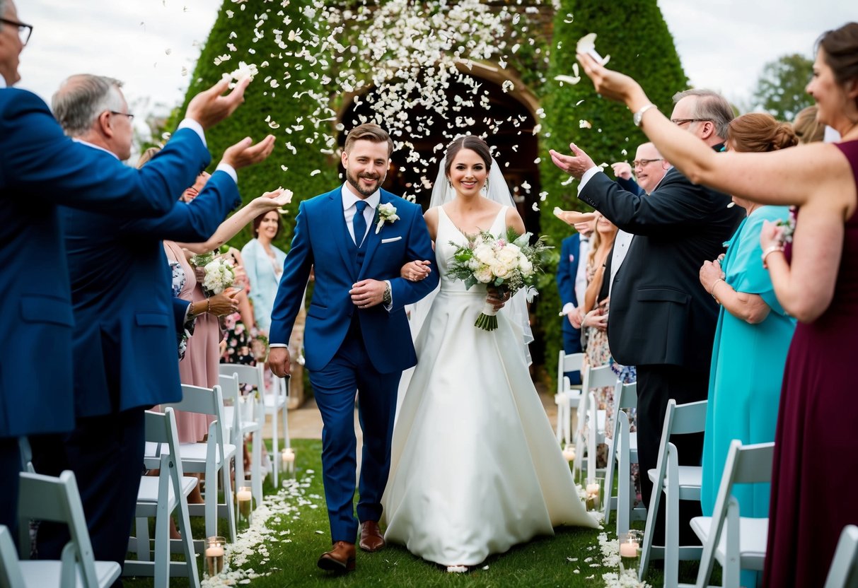 Guests tossing flower petals as the newlyweds exit the ceremony