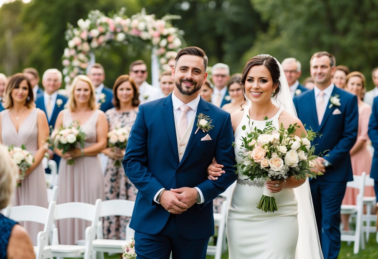 A wedding ceremony with floral arrangements and guests wearing flowers