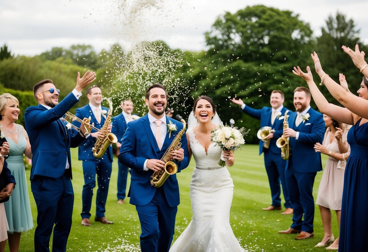 A lively wedding band plays as guests toss rice or flower petals in the air to bid farewell to the newlyweds