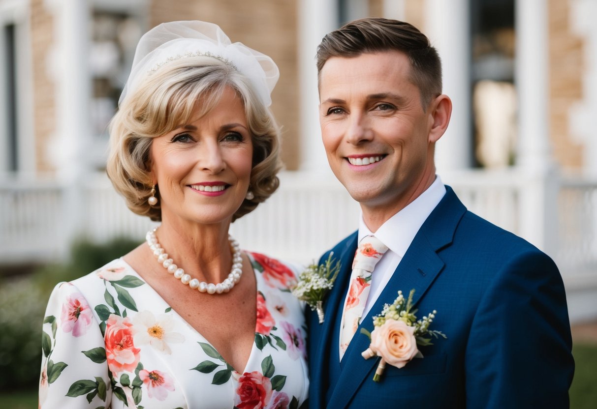 The mother of the bride and groom wear matching floral dresses and pearl necklaces