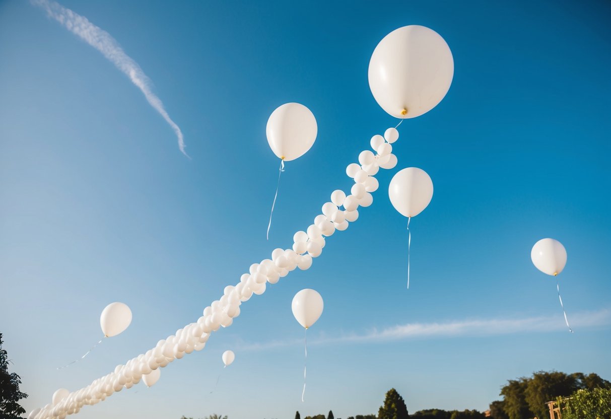 A trail of floating white balloons drifts away from the wedding venue into the clear blue sky