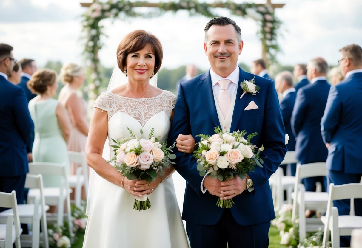 A mother of the bride and a mother of the groom stand side by side, each holding a bouquet of flowers, with a wedding ceremony in the background