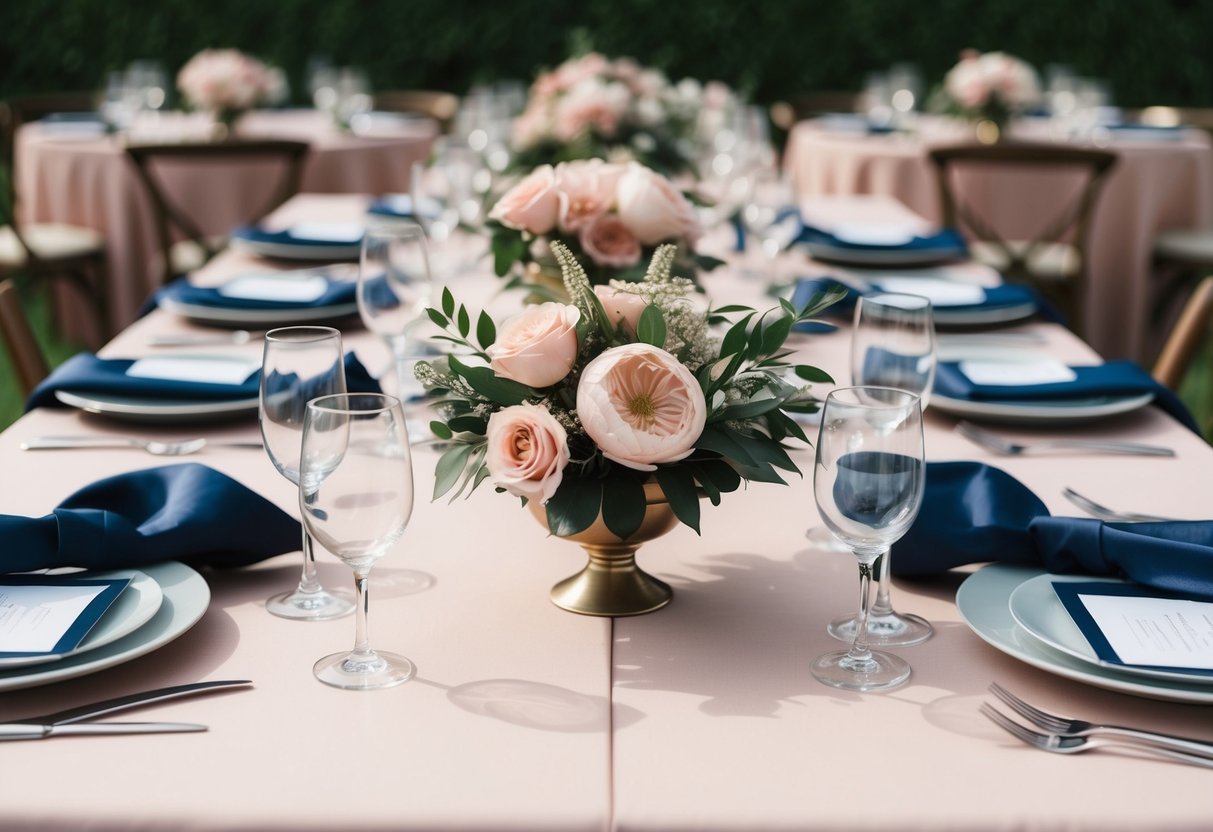 A table with matching floral centerpieces and coordinated table linens in shades of blush and navy