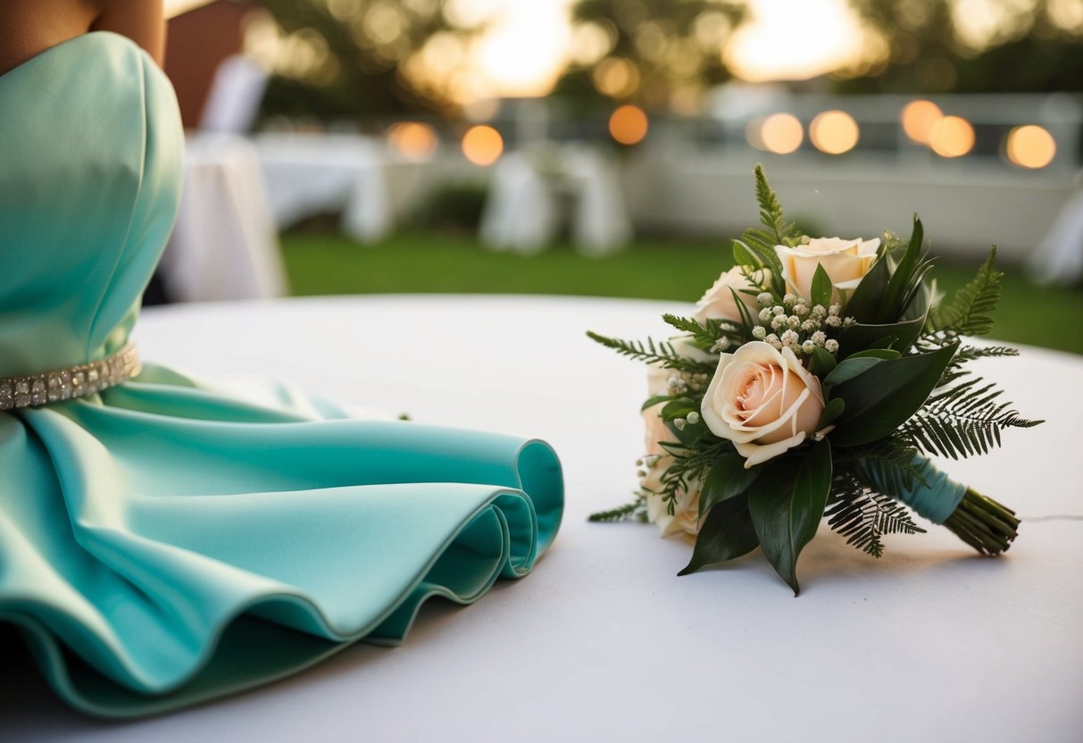 A woman's dress and a matching corsage on a table