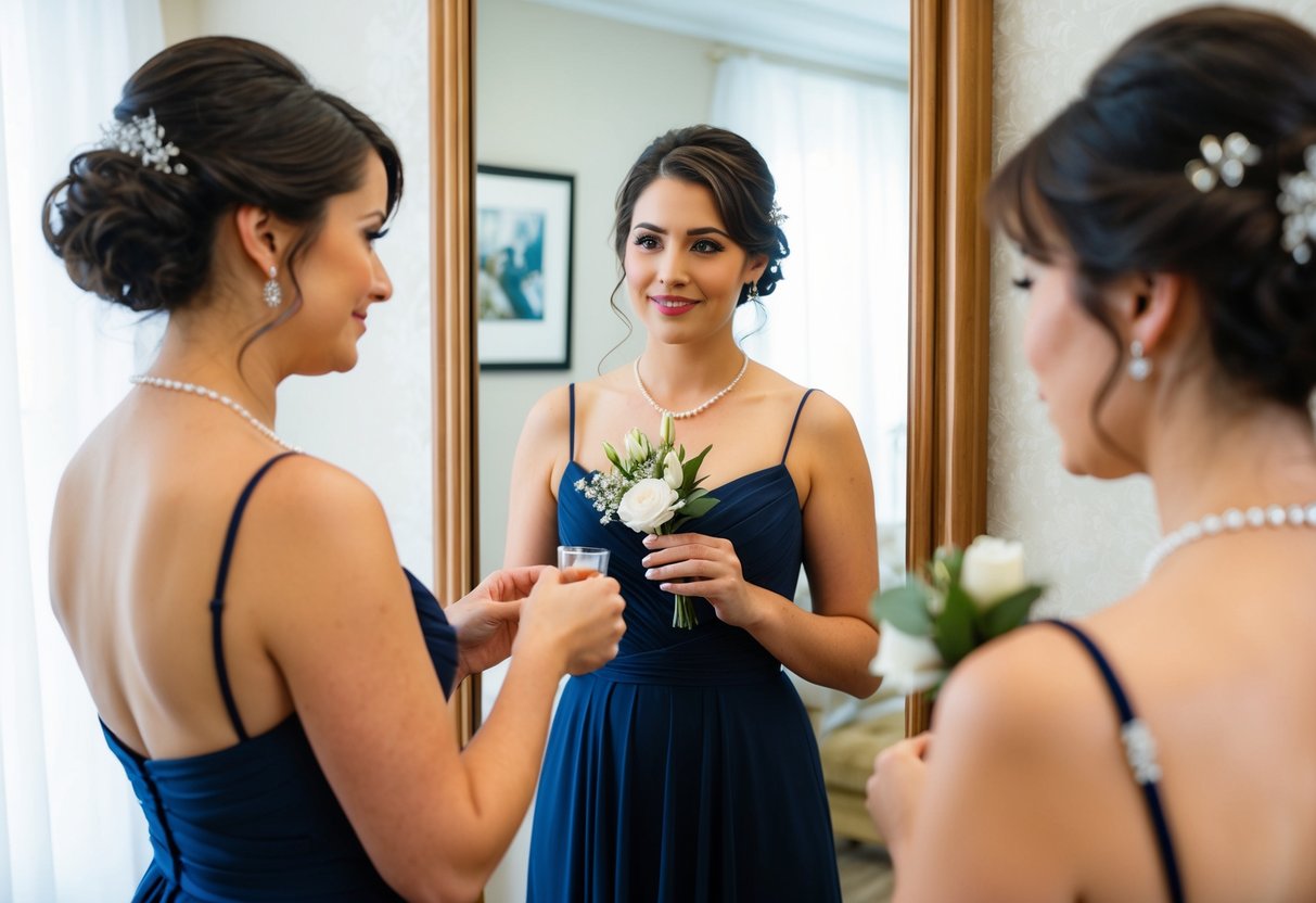 A woman holding a corsage, standing in front of a mirror, examining how it complements her dress