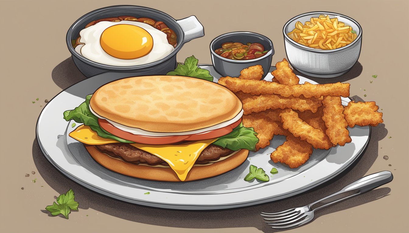 A sizzling breakfast sandwich is being grilled, then assembled with fresh ingredients, and finally served on a plate with a side of crispy hash browns