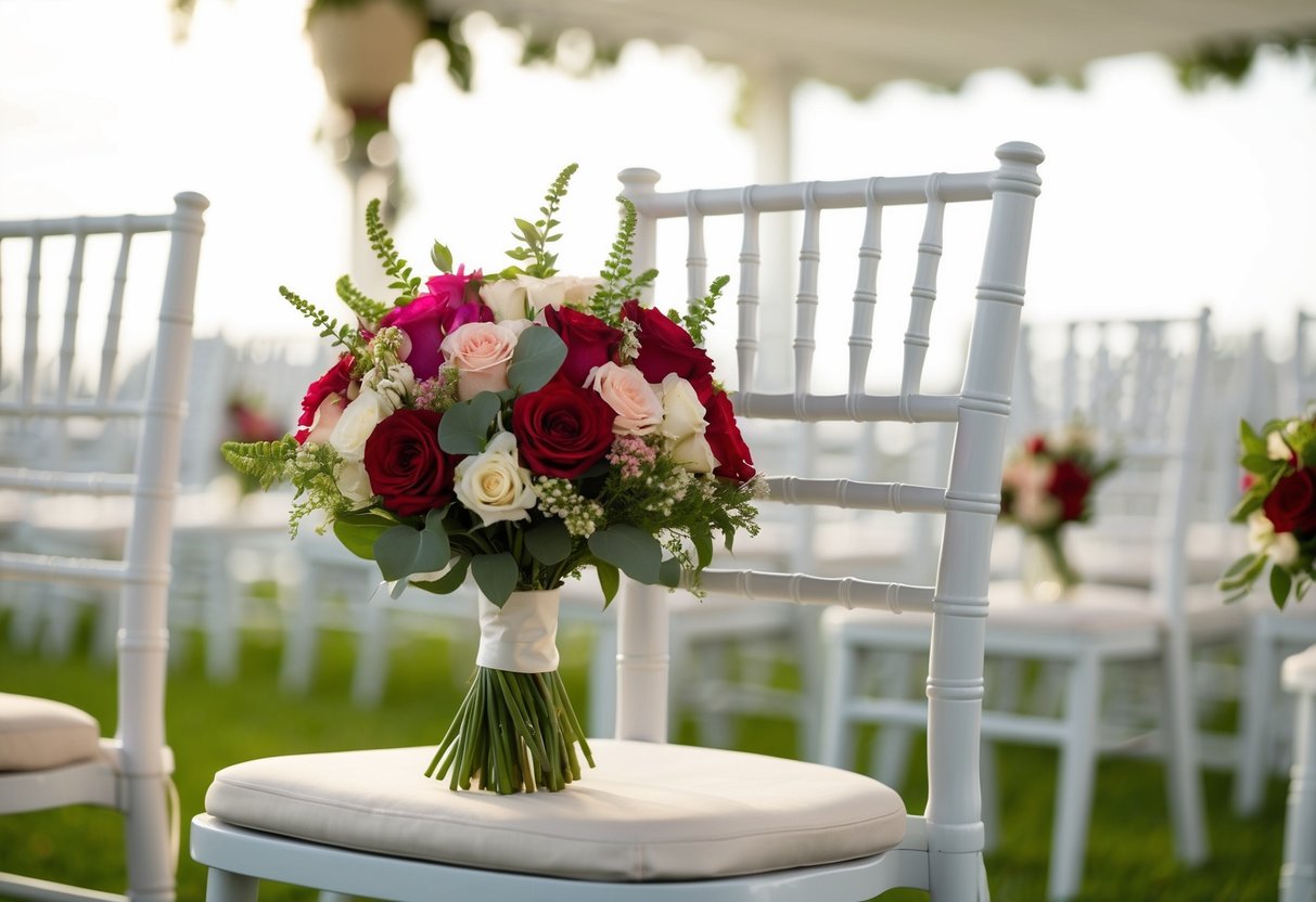 A bouquet of her favorite flowers placed on an empty chair at the ceremony