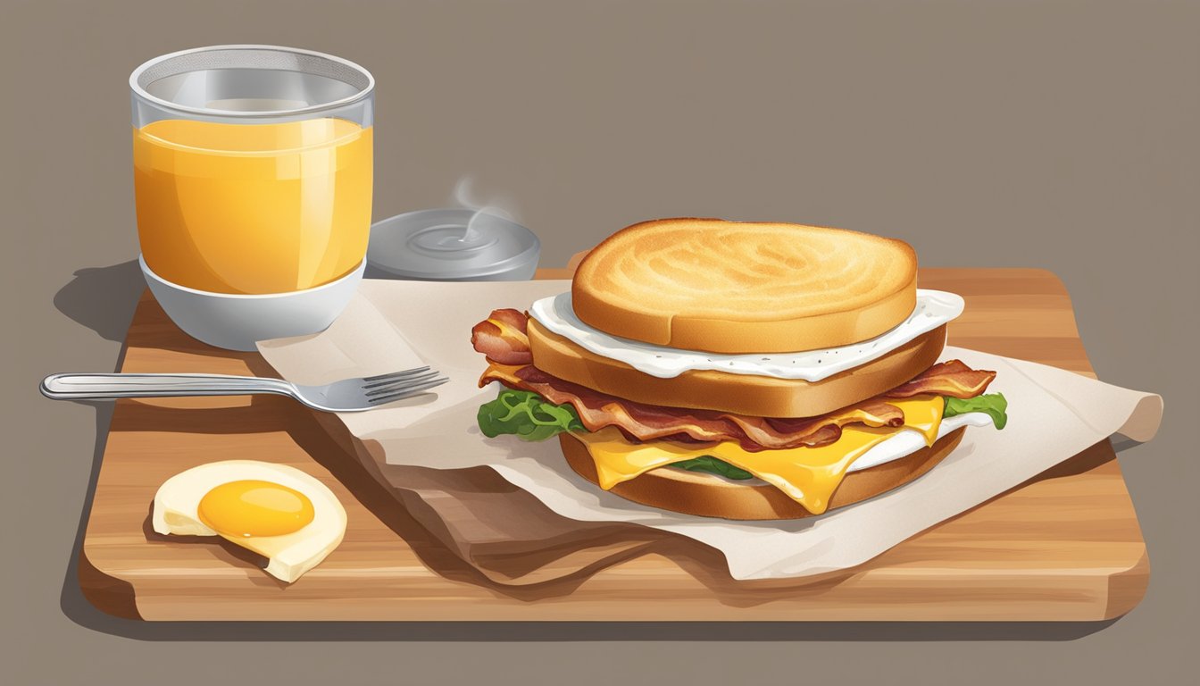 A sizzling breakfast sandwich travels from a grill to a table, showcasing its layers of egg, cheese, bacon, and a toasted bun