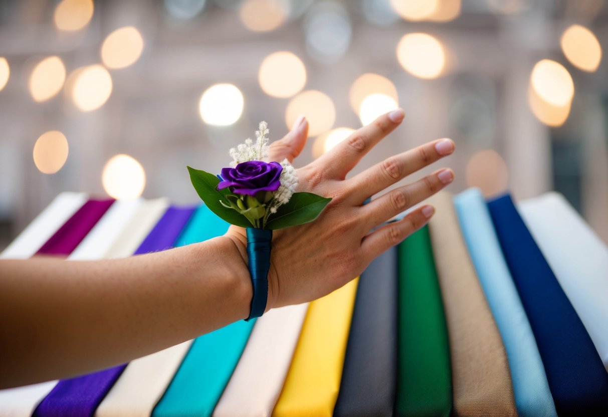 A hand holding a corsage and comparing it to a swatch of fabric in various colors