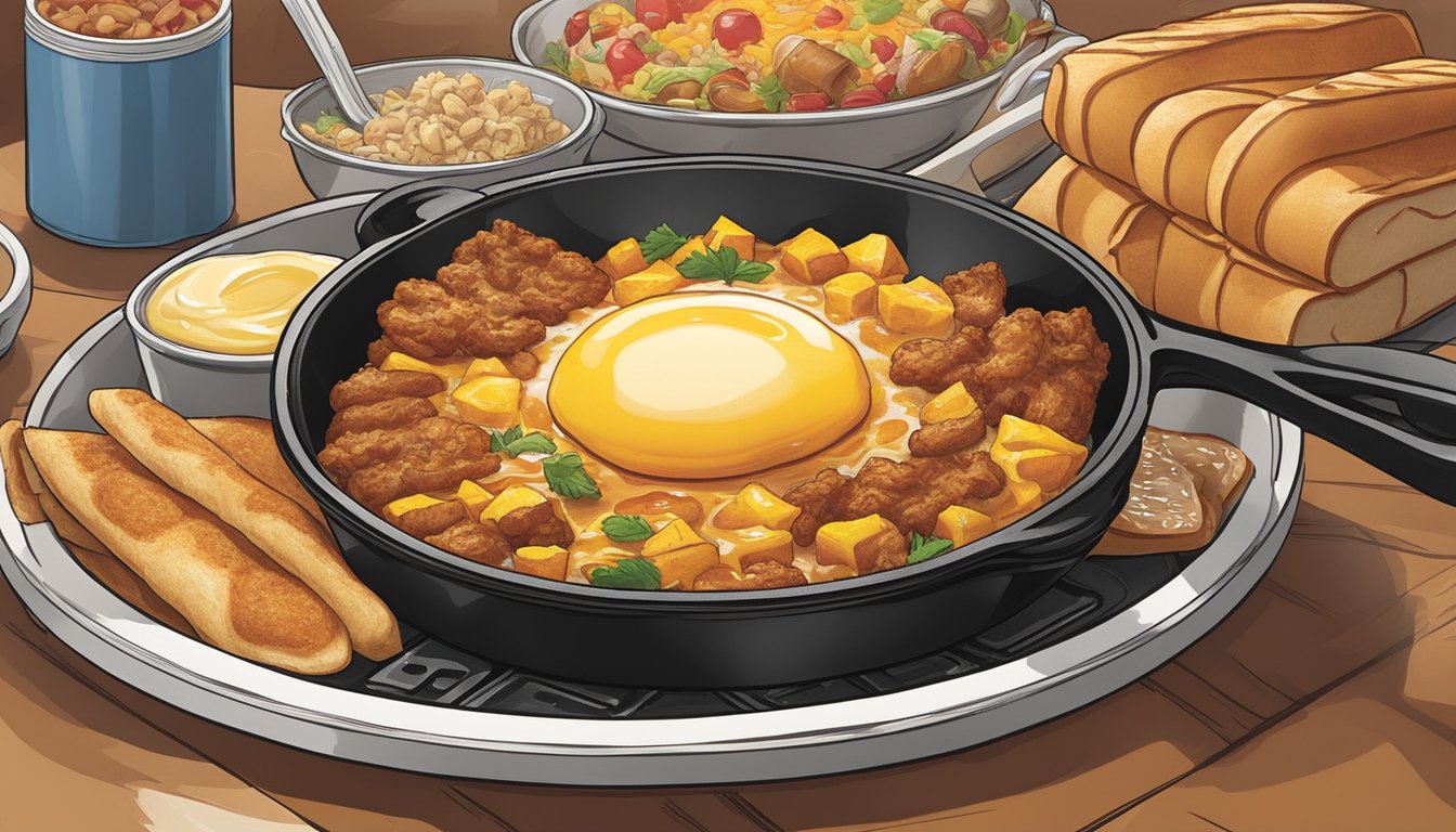 A sizzling skillet of breakfast items emits a tantalizing aroma, drawing in customers at a Carl's Jr. restaurant. The scent wafts through the air, creating a welcoming atmosphere for morning diners