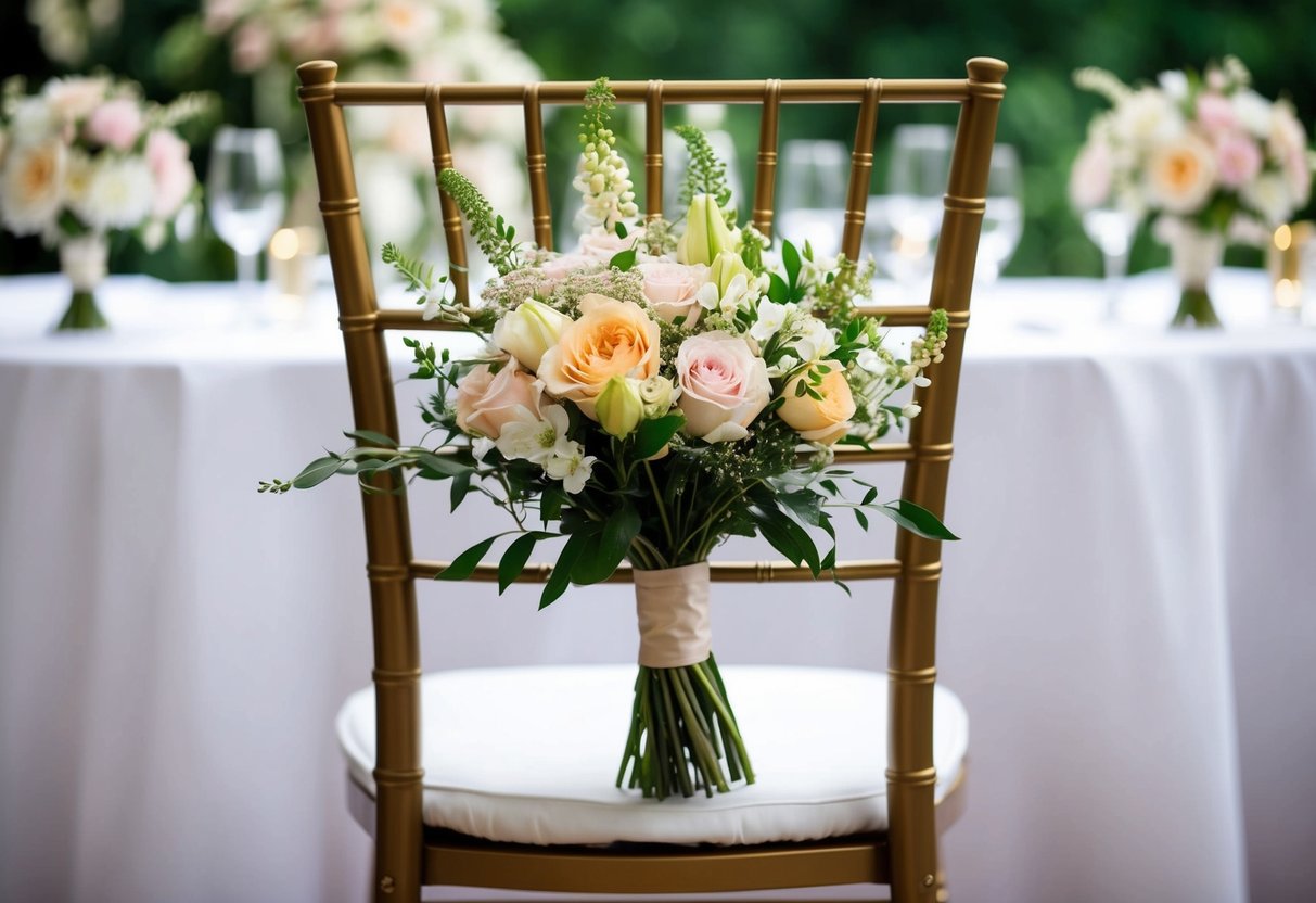 A bouquet of flowers placed on an empty chair at the wedding reception, symbolizing the presence and honor of the mother