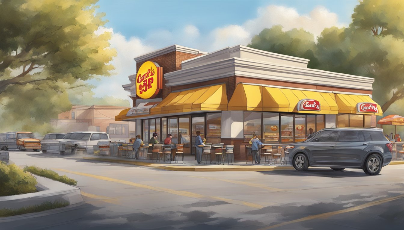 The morning sun shines on a bustling Carl's Jr. restaurant, where the aroma of sizzling bacon and fresh coffee wafts through the air, drawing in a steady stream of breakfast customers