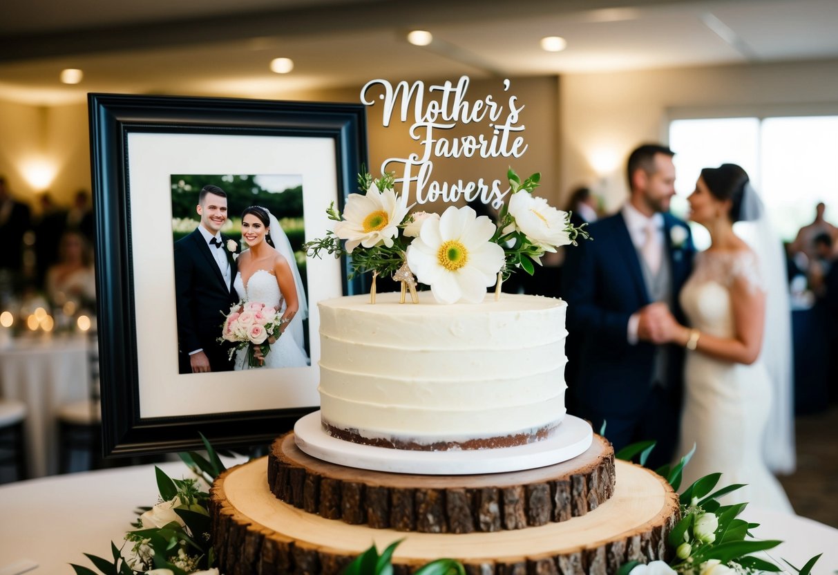 A wedding cake topper featuring a mother's favorite flowers and a framed photo of her with the bride and groom on display at the reception