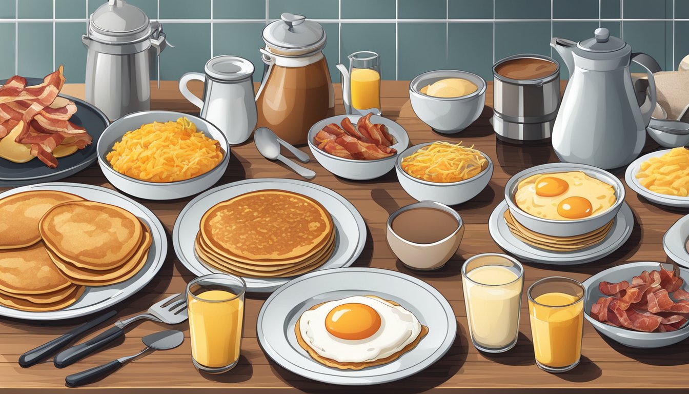 A table set with a variety of breakfast items, including pancakes, eggs, bacon, and hash browns, surrounded by kitchen utensils and ingredients