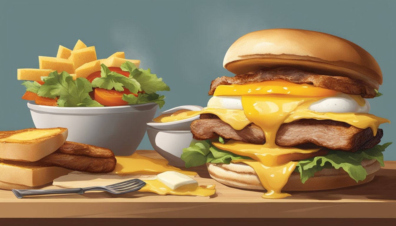 A sizzling breakfast sandwich travels from a grill to a table, showcasing layers of egg, cheese, and savory meat nestled between a toasted bun