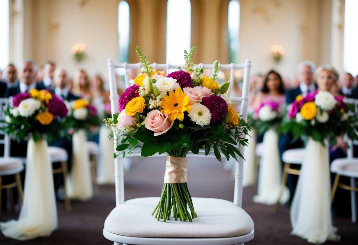 A bouquet of her favorite flowers placed on an empty chair at the front of the ceremony