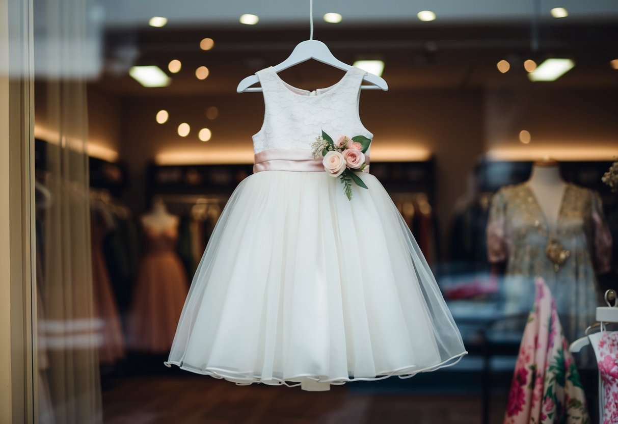 A flower girl dress hanging in a boutique window display