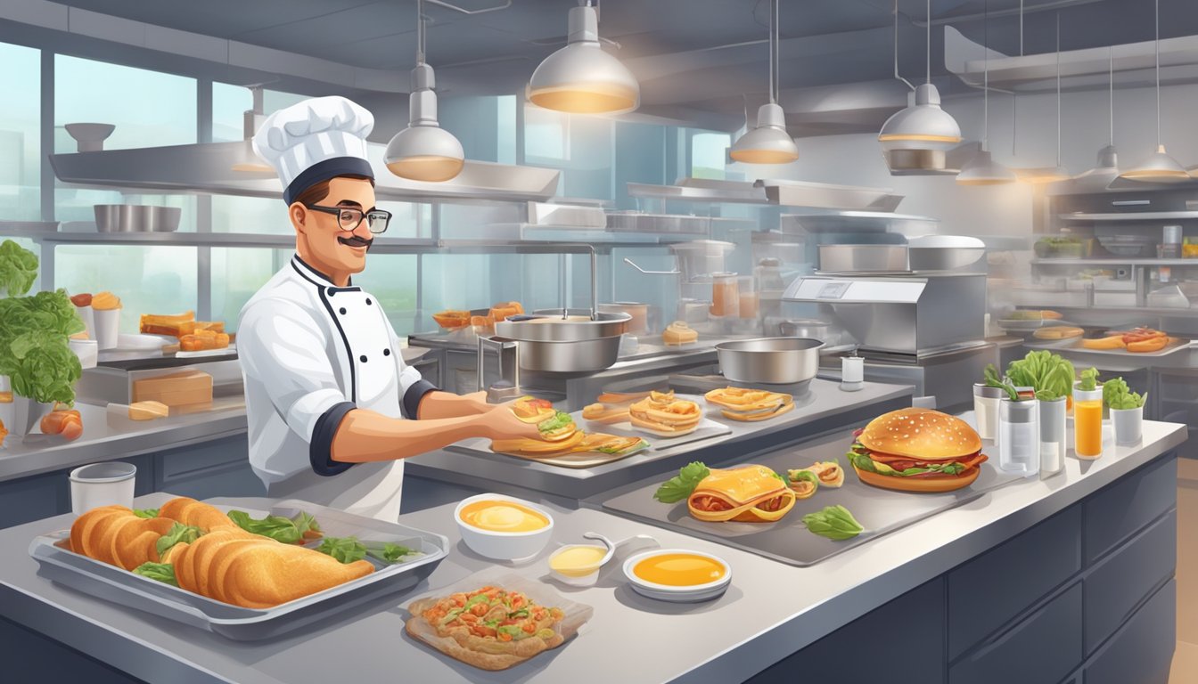 A chef in a test kitchen creates innovative breakfast options for a fast-food chain, surrounded by various ingredients and cooking equipment