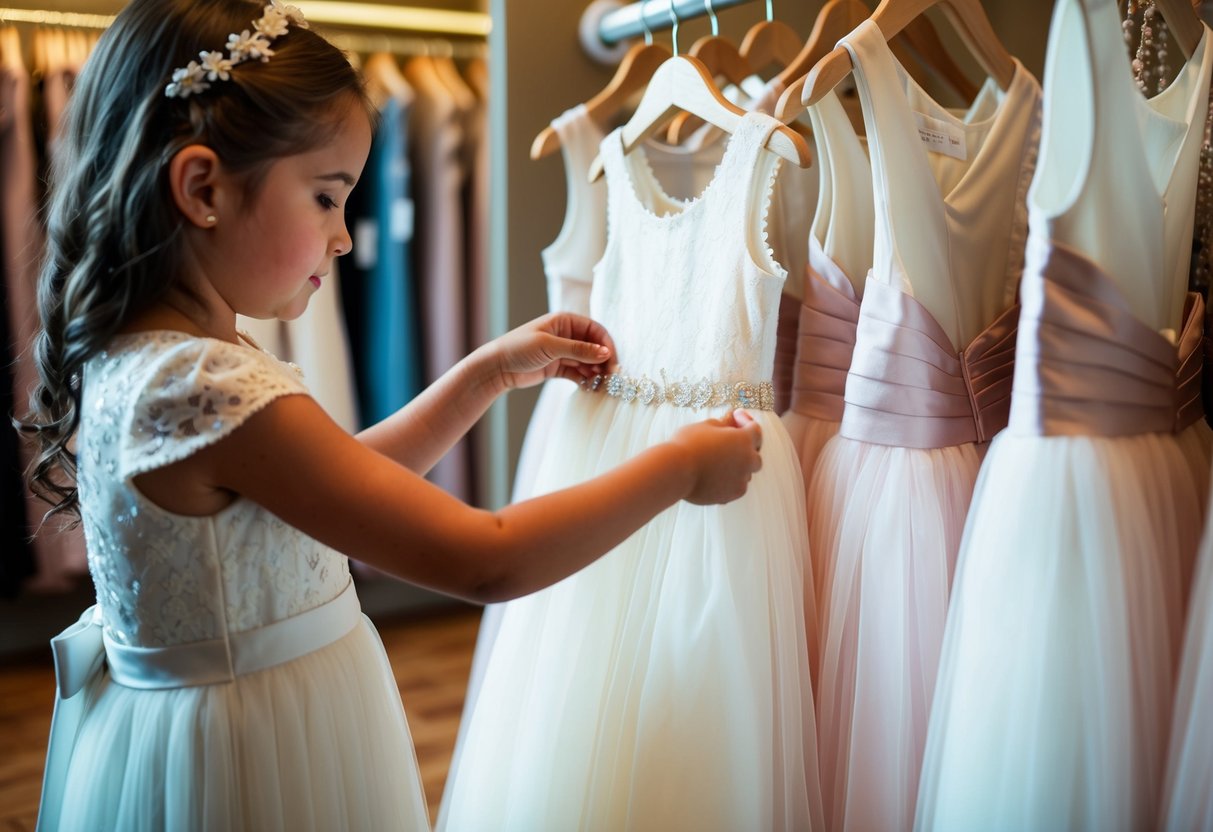 A young girl carefully selects a delicate, white flower girl dress from a rack of beautiful dresses in a charming boutique