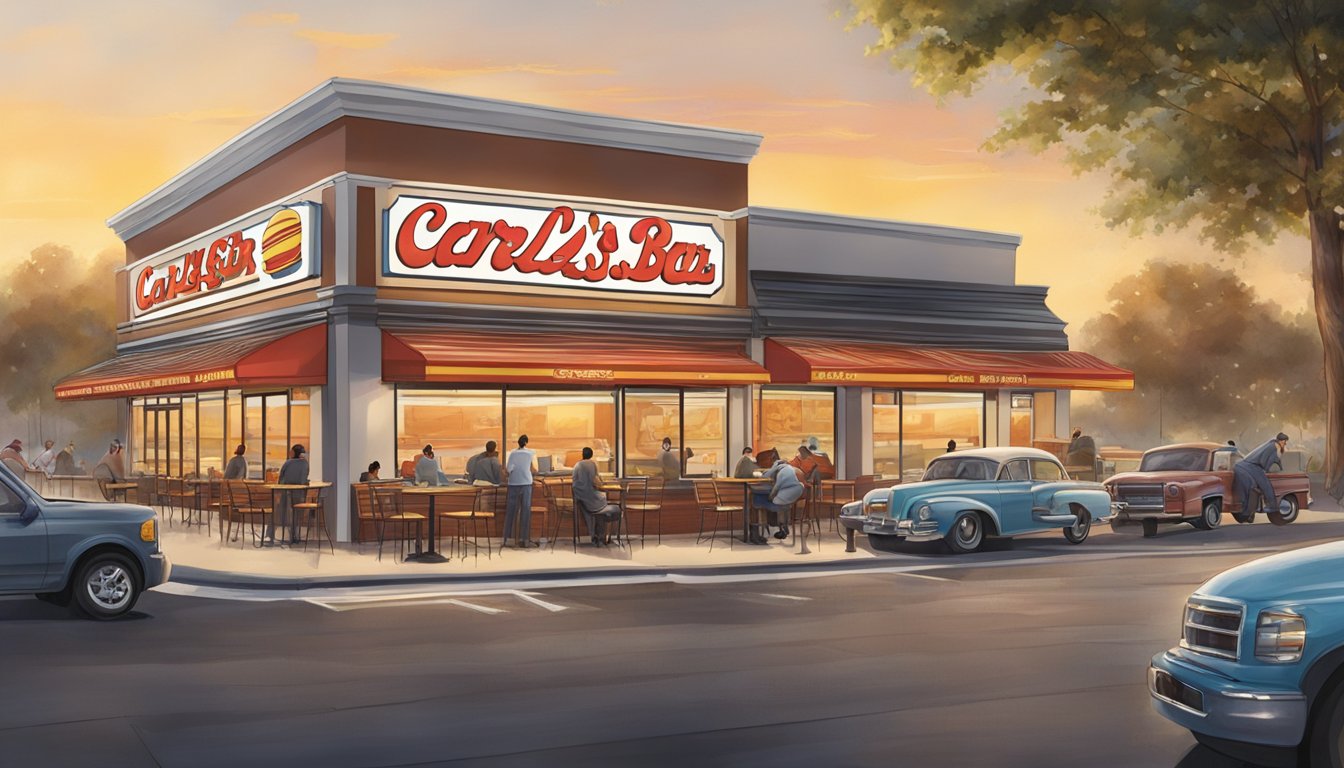 The morning sun shines on a bustling Carl's Jr. restaurant, where the aroma of sizzling bacon and fresh coffee wafts through the air, drawing in hungry breakfast customers