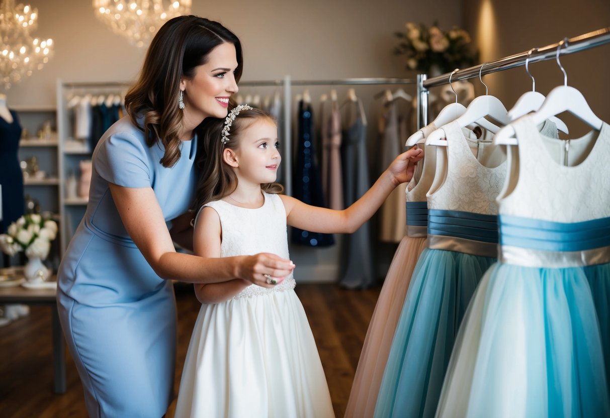 A woman and a young girl stand in a boutique, looking at a rack of flower girl dresses. The woman holds up a dress, while the girl looks on eagerly