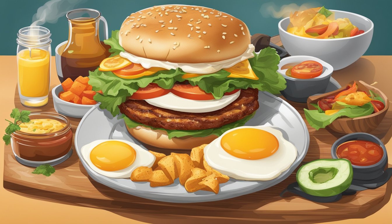 A sizzling breakfast sandwich travels from the grill to a waiting plate, surrounded by colorful ingredients and the inviting aroma of freshly cooked food